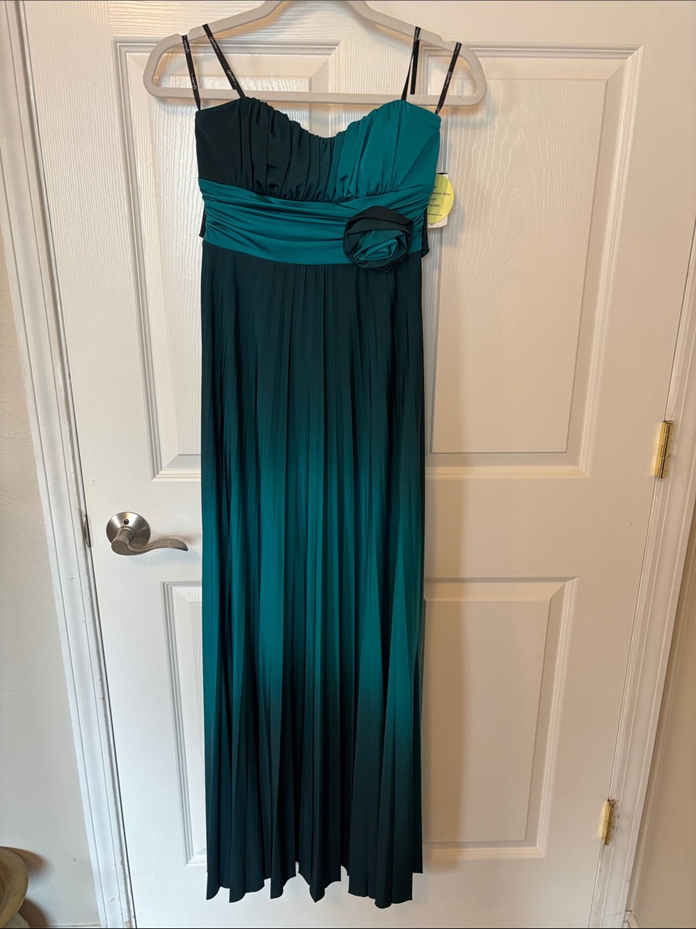Speechless Teal to Black Ombre Pleated Strapless Prom Dress